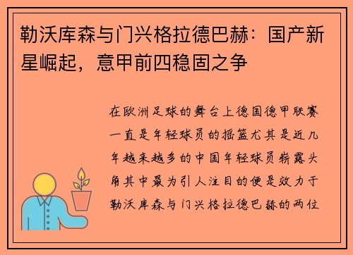 勒沃库森与门兴格拉德巴赫：国产新星崛起，意甲前四稳固之争