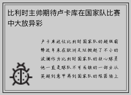 比利时主帅期待卢卡库在国家队比赛中大放异彩