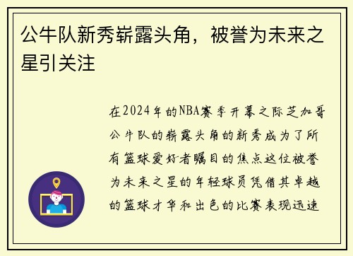 公牛队新秀崭露头角，被誉为未来之星引关注