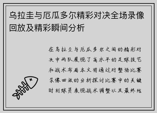 乌拉圭与厄瓜多尔精彩对决全场录像回放及精彩瞬间分析