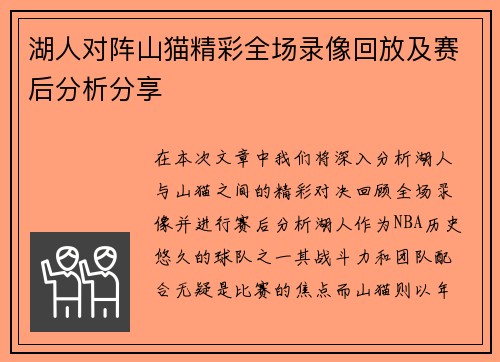 湖人对阵山猫精彩全场录像回放及赛后分析分享