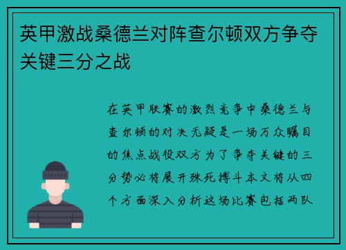 英甲激战桑德兰对阵查尔顿双方争夺关键三分之战