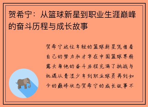 贺希宁：从篮球新星到职业生涯巅峰的奋斗历程与成长故事