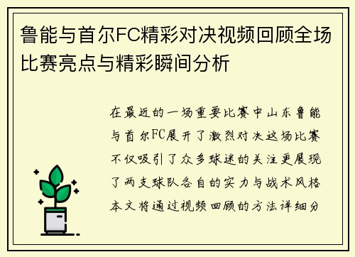 鲁能与首尔FC精彩对决视频回顾全场比赛亮点与精彩瞬间分析