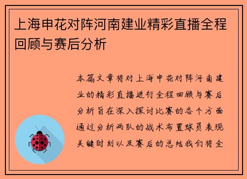 上海申花对阵河南建业精彩直播全程回顾与赛后分析