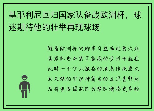 基耶利尼回归国家队备战欧洲杯，球迷期待他的壮举再现球场