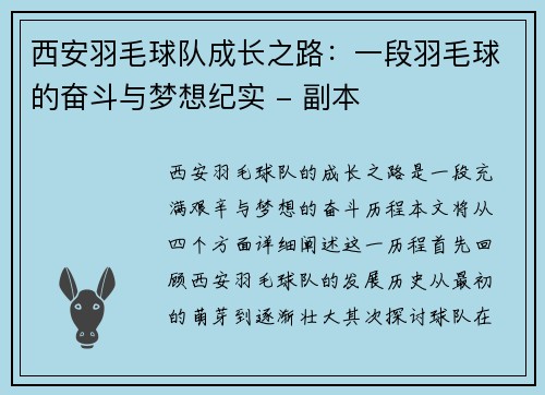 西安羽毛球队成长之路：一段羽毛球的奋斗与梦想纪实 - 副本