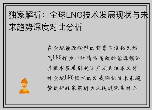 独家解析：全球LNG技术发展现状与未来趋势深度对比分析